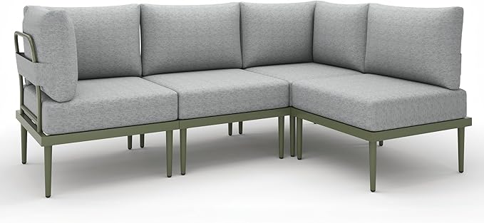 Metal Patio Furniture Set, 4 Pieces Outdoor Sectional Sofa Sets with 6" Thick Cushion, All Weather Modular Outdoor Corner Sofa Set for Balcony, Patio & Courtyard (Gray,Green)