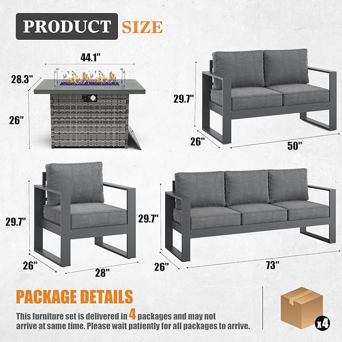 Outdoor Aluminum Furniture Set with Fire Pit Table - 5 Pieces Modern Patio Conversation Sets Metal Sectional Sofa Set