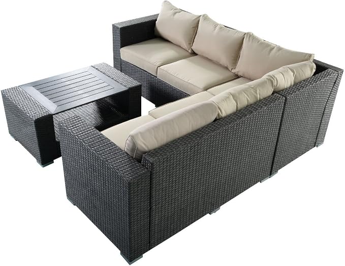 Tangkula Outdoor Furniture 4 Piece, Sectional Sofa with Coffee Table All-Weather Proof Heavy Duty Steel Frame Couch Set for Garden, Balcony, Poolside, Patio, Grey Conversation Set