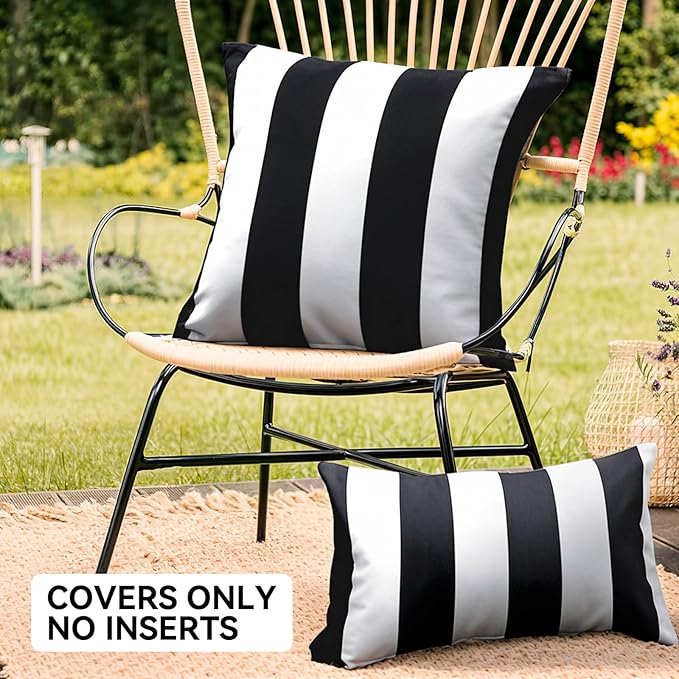 Pack of 2 Outdoor Waterproof Striped Pillow Covers Decorative Throw Covers | 12x20, Black and White, Garden Cushion Covers, Farmhouse Pillowcases for Couch Sofa Patio Tent Balcony