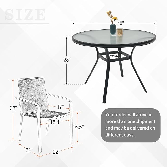 Anmutig 5-Piece Outdoor Patio Dining Set, 40-Inch Round Glass Table with 4 Stackable Chairs,Grey