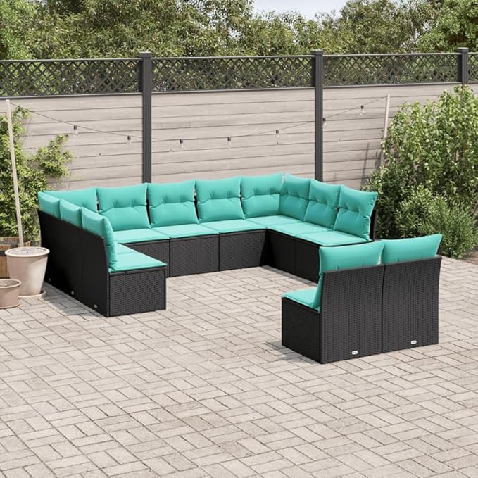 11 Piece Patio Sofa Set with Cushions, Patio Conversation Set Outdoor Sofa Sets Porch Furniture Set Front Porch Furniture for Garden Piazza Exhibition Negotiation Area Black Poly Rattan