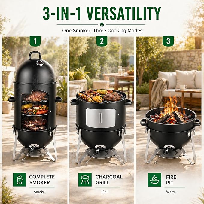 19 Inch Charcoal Smoker for Meat, Bullet Smoker, Vertical Smoker Grill for Backyard and Patio BBQ | 3-Layer Cooking Space with Built-In Thermometer and Dual Air Vents | Front Access Door and Ash Tray