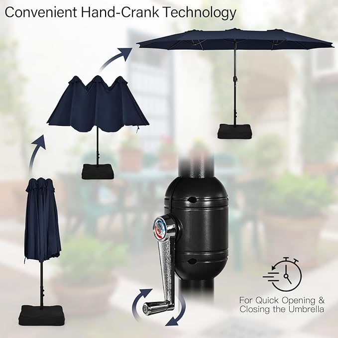 Tangkula 15FT Double-Sided Patio Umbrella with Base, Extra-Large Market Umbrella W/Crank System, Outdoor Twin Umbrella W/ 12-Rib Metal Structure & Air Vents for Garden, Backyard, Poolside (Navy)