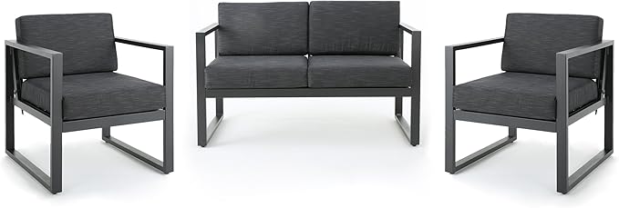 Christopher Knight Home Navan Outdoor 4-Seater Aluminum Chat Set, Silver / Dark Grey Cushions