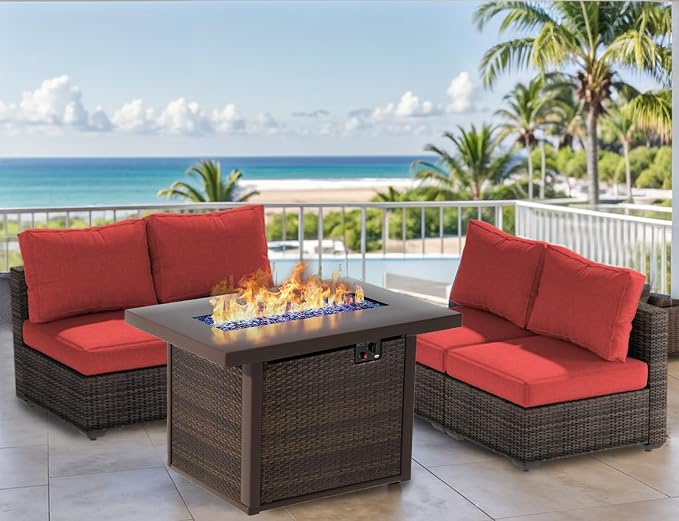 Grezone 5 Piece Patio Furniture Set with 44" Fire Pit Table, Outdoor Sectional Couch, PE Rattan Patio Conversation Sets with 4inch Cushions for Backyard Red