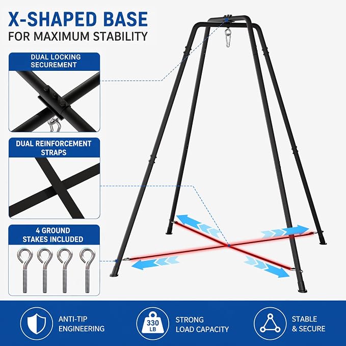 Hammock with Stand for Outside,X-Shaped Anti-Tip Base,Sensory Pod Nest for Kids,Heavy-Duty Steel Frame, Stable Secure 330LBS Support,Indoor Outdoor Cozy Chair,Adults Relax,Bedroom Patio Garden,Blue