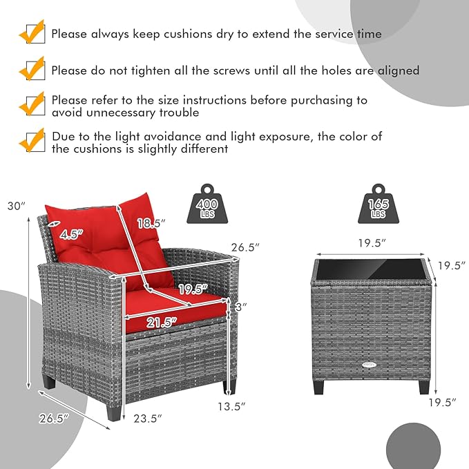 COSTWAY 3-Piece Patio Furniture Set, Outdoor Wicker Rattan Sofa with Cushions, Coffee Table with Tempered Glass, Conversation Sofa Set for Poolside Backyard Balcony (Red)