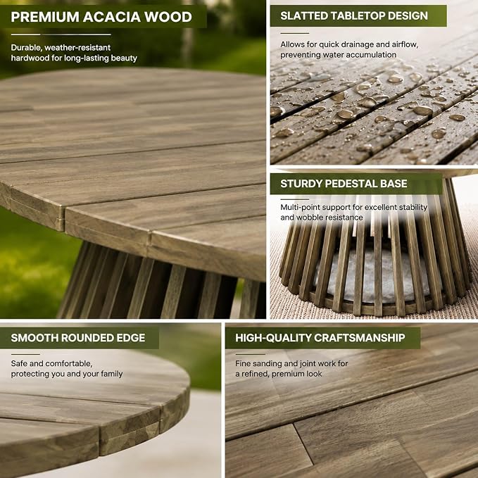 Round Outdoor Coffee Table for Patio, 31.5 Inch Acacia Wood Side Table with Slatted Pedestal Base, Farmhouse Outside Coffee Table for Garden, Balcony, Poolside, Porch, Weather-Resistant, Grey