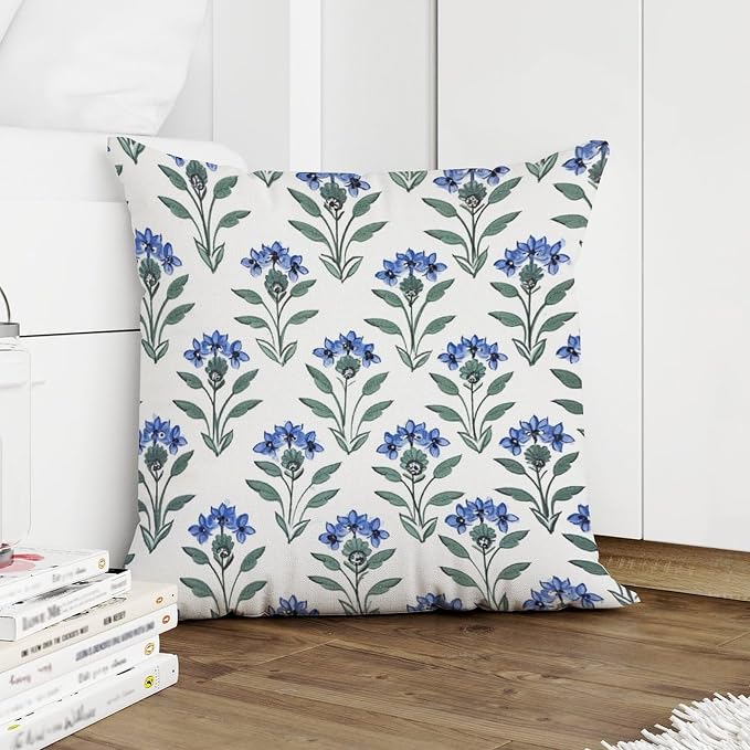 Cushion Cases Mughal Flower Throw Pillow Covers Farmhouse Blue Lotus Floral Pillow Cover Accent Outdoor Garden Decoration for Sofa Patio Couch 20x20 in
