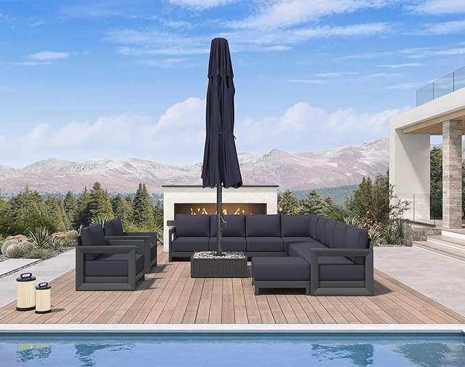 PURPLE LEAF 16' Round Semi-Auto Outdoor Patio Umbrella Aluminium Market Umbrella Table Sun Umbrella with 3.15" Rod and 8 Sturdy Ribs for Deck Lawn Pool Garden, Navy Blue