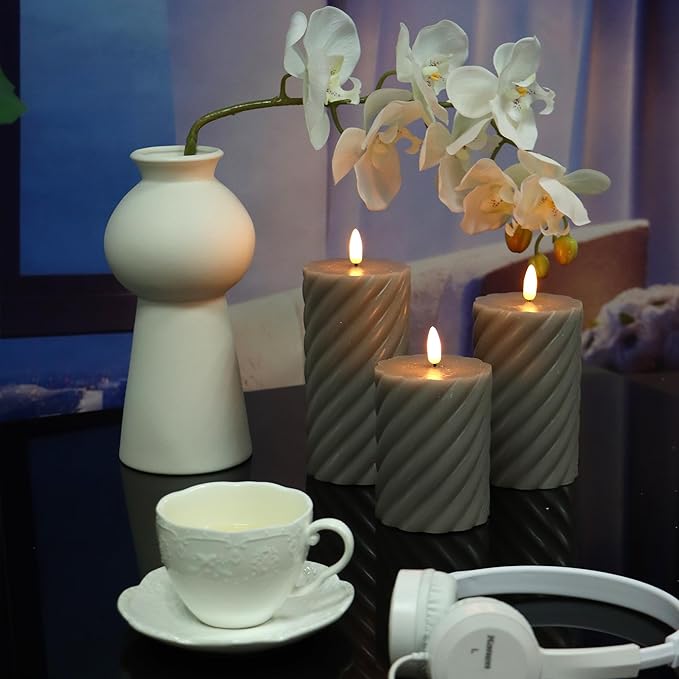 Battery Operated Flameless LED Candles with Remote Timer Real Wax Pillar Candles Electric Flickering Decorative Grey Wax Candles for Home Wedding Party Centerpiece Christmas Decor 3 PCS 3”X 4”, 5”, 6”