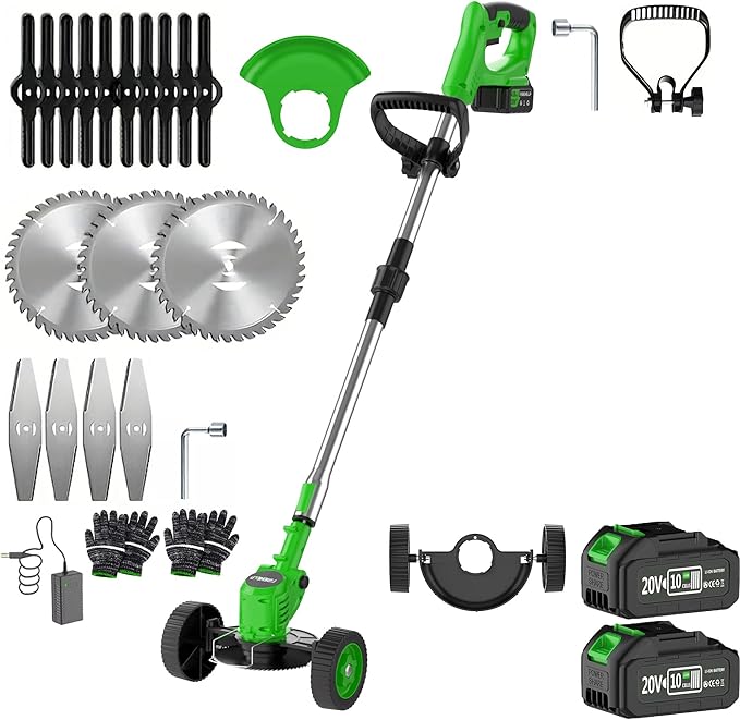3-in-1 Cordless Weed Trimmer & Lawn Mower - Electric Trimmer, Edger, Bush Cutter with Adjustable Height (Cyan Blue - Professional Set, 2 Batteries)
