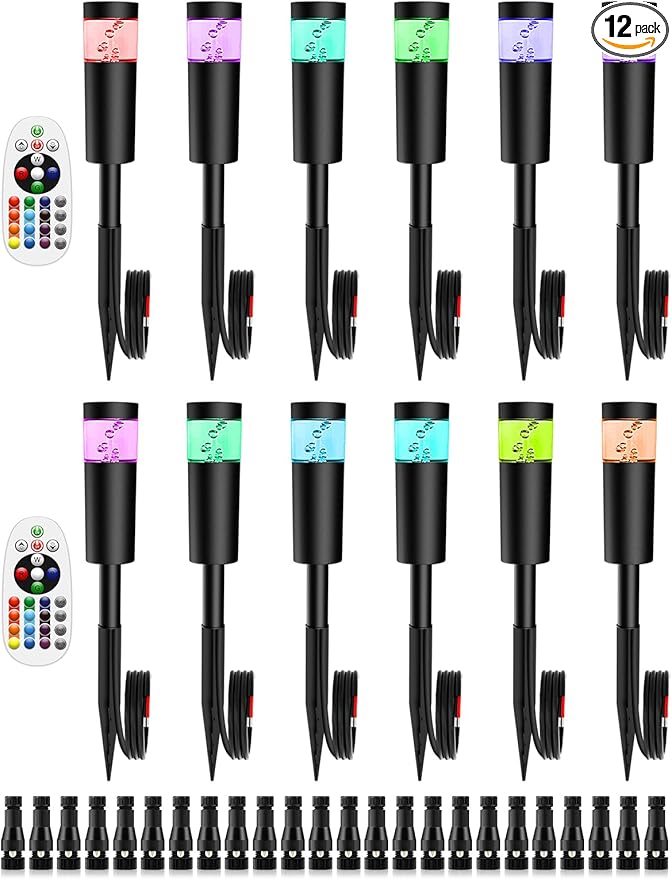5W RGBW Low Voltage Landscape Pathway Lights with Connectors 12V Outdoor Color Changing Landscape Lighting LED Bollard Path Lights Wired Waterproof Walkway Light for Garden Yard (12 Pack)