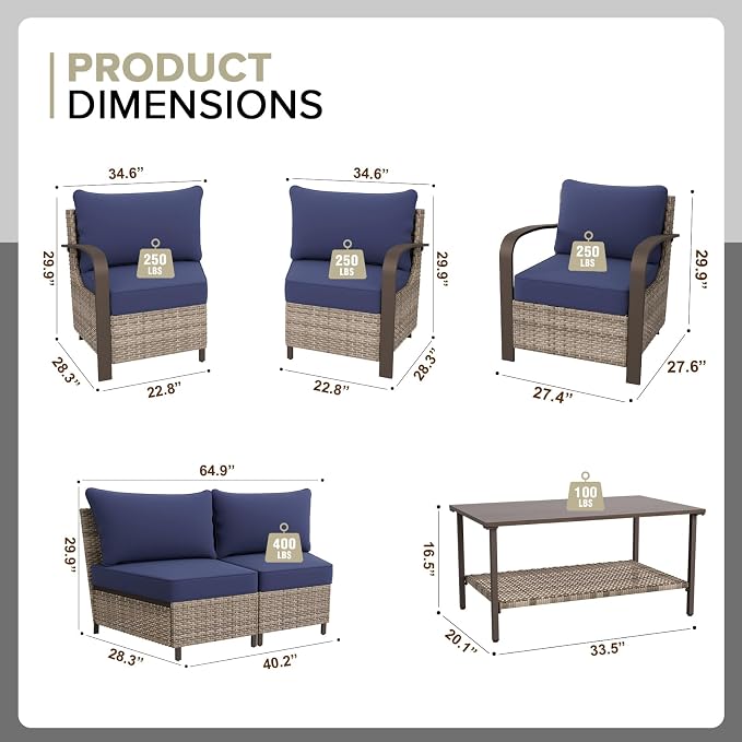 COOS BAY Aurora Terrace 6 Piece Outdoor Sectional Furniture Set, Half Moon Rattan Wicker Conversation Set with Patio Chairs, 4 Seat Sofa & Coffee Table for Patio Garden Yard, Beige/Blue