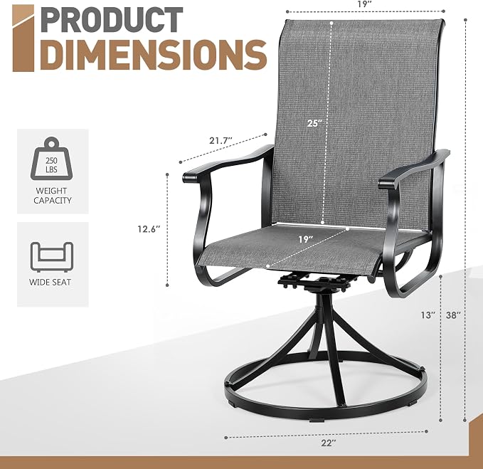 Crownland Outdoor Swivel Dining Chair Set of 6, All Weather 360° Swivel Rocking High Back Model Patio Dining Chairs, Textilene Fabric Wrought Iron Dining Chair Set for Backyard, Lawn, Garden(Grey)
