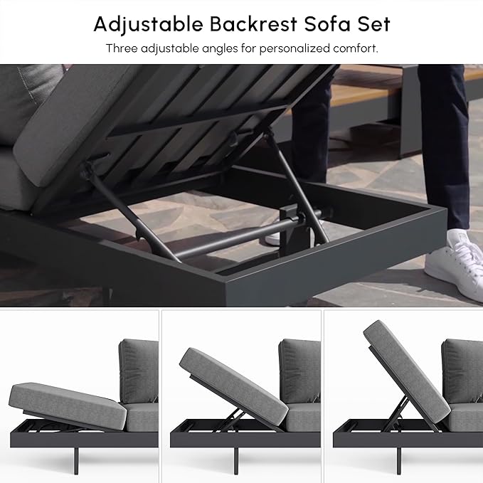 homary Outdoor Conversation Sets, 6 Piece Aluminum & Teak Patio Sectional Sofa Set with Adjustable Backrests, Waterproof Cushions, Ideal for Patios & Balconies | Outdoor Materials, Fade Resistant, Modular design