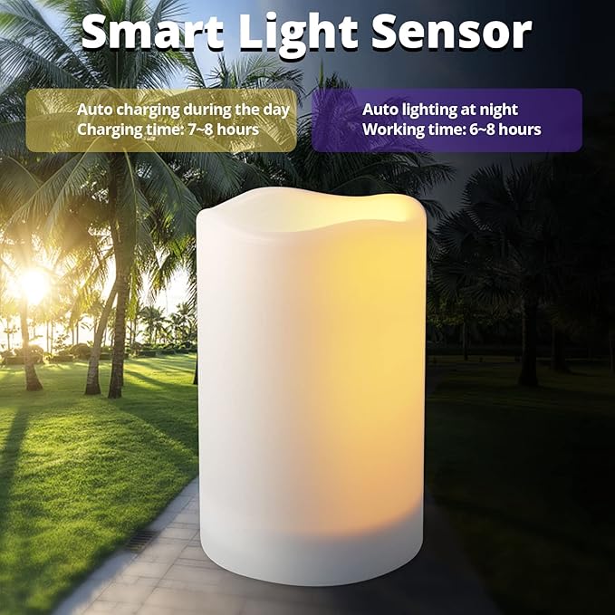 NURADA Large Outdoor Solar Powered Candles - Flameless Pillar Waterproof Rechargeable Candle Set, White Resin, LED Light,Rechargeable Solar Battery Included, for Patio Decor, 3.25"x4"5" 6"