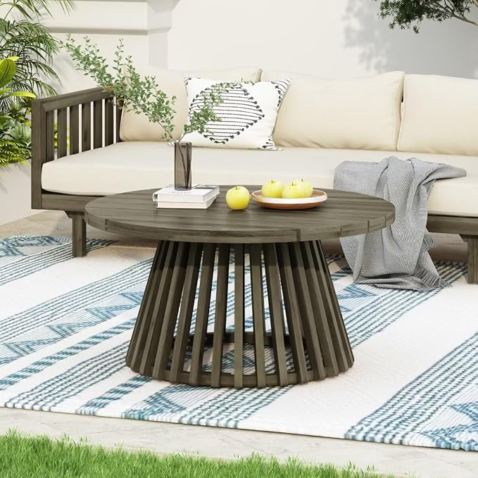 JIJIWANG 31.5" Outdoor Acacia Wood Patio Coffee Table for 2-4 Person, Round Coffee Table for Backyard, Lawn, Balcony, Grey Finis