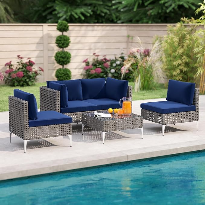 Tangkula 5 Piece Outdoor Furniture Set, Patio Wicker Heavy Duty Sectional Cushioned Sofa Set with Tempered Glass Coffee Table for Backyard, Poolside, Porch, Lawn