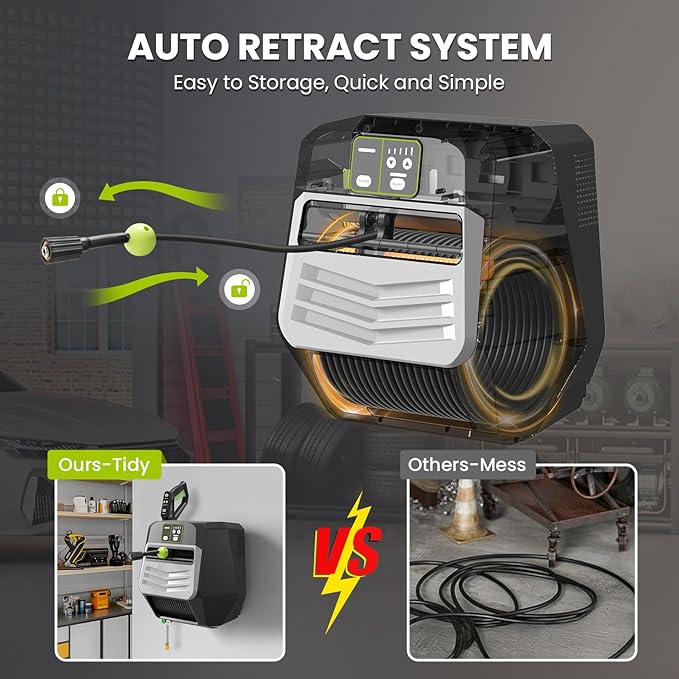 Wall Mounted𝐌𝐀𝐗𝐏𝐒𝐈𝟓𝟓𝟎𝟎 𝐏𝐫𝐞𝐬*𝐬𝐮𝐫𝐞 𝐖𝐚*𝐬𝐡𝐞𝐫 - 5 Levers with 66FT Retractable Hose for Car/Driveway,Automatic Rewind, Any Length Lock,Black