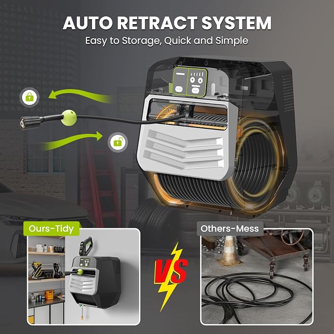 Wall Mounted𝐌𝐀𝐗𝐏𝐒𝐈𝟓𝟓𝟎𝟎 𝐏𝐫𝐞𝐬*𝐬𝐮𝐫𝐞 𝐖𝐚*𝐬𝐡𝐞𝐫 - 5 Levers with 100FT Retractable Hose for Car/Driveway,Automatic Rewind, Any Length Lock,Black