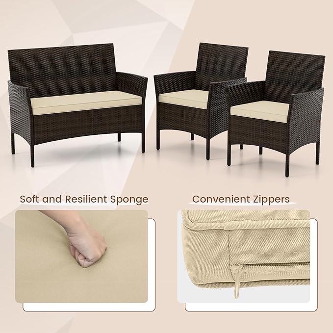 DORTALA 4-Piece Rattan Patio Furniture Set, Outdoor Table & Chair Set with Tempered Glass Coffee Table, Cushion, Wicker Conversation Set for Garden, Lawn, Poolside and Backyard, Beige