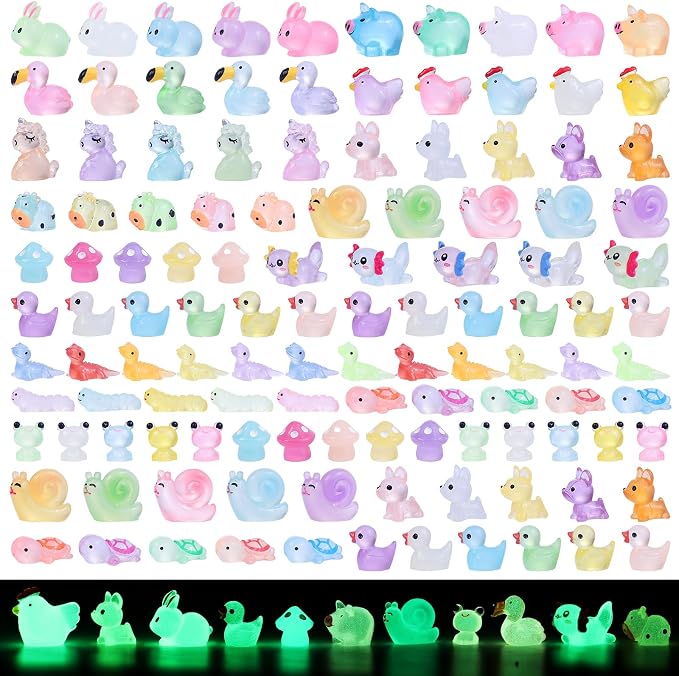 Luminous mini Resin Animals to Hide 120 Pcs Tiny Resin Animals Glow in The Dark for Miniature Fairy Garden Decoration Accessories Micro Landscape Aquarium Potted Decoration