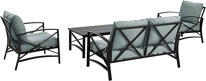 Crosley Furniture Kaplan 4-Piece Outdoor Loveseat Patio Furniture Set, Conversation Sets for Porch, Deck, Oiled Bronze with Mist Cushions