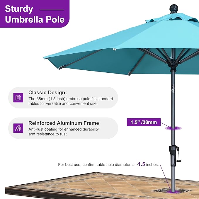 PURPLE LEAF 8' Round Patio Market Umbrella with Base Outdoor Table Umbrellas Aluminum Frame Sun Shade with 8 Sturdy Ribs Tilt for Garden Deck Lawn Pool Turquoise Blue