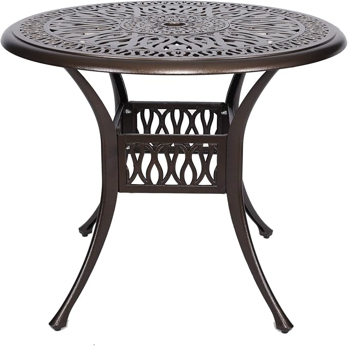 Puluomis 35” Round Cast Aluminum Dining Table, Outdoor Patio Retro Bistro Dining Table with 2” Umbrella Hole