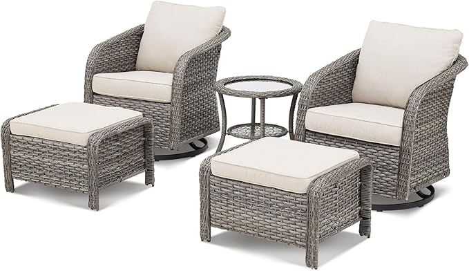Belord 5 Pieces Patio Furniture Set - High Back Outdoor Swivel Rocker Chairs with Thick Cushions 2 Ottoman and Side Table, Wicker Patio Conversation Sets for Porch Deck Garden Backyard Grey/Beige