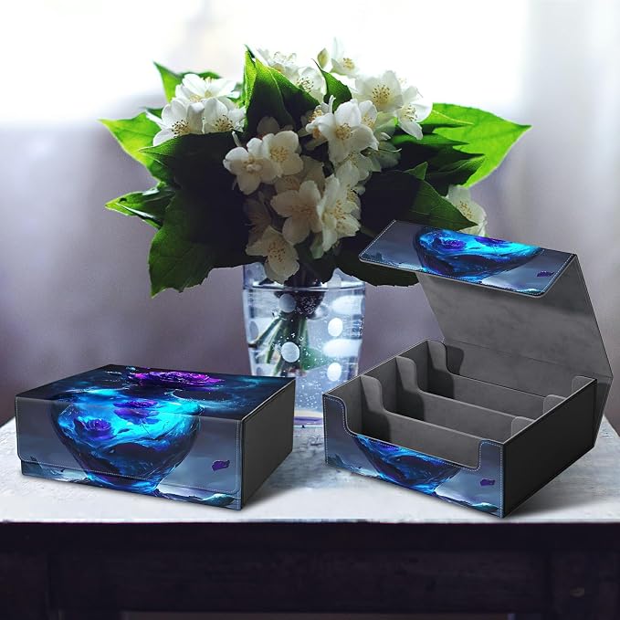 Card Deck Box for MTG, Cards Storage Box Fits 120+ Sleeved, Leather Big Size Strong Magnetic Closing Case for Board Games Magic TCG CCG Baseball Collection Women Man, Purple Rose Vase