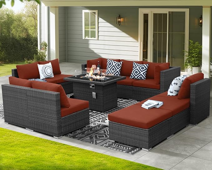 NICESOUL 11 Piece Outdoor Furniture Set with Firepit, Luxury 10-Seater Patio Sectional Sets, 29.3'' High-Back Backyard Seating Area, All-Weather Rattan Couch Set for Outside, Deck, Grey & Red