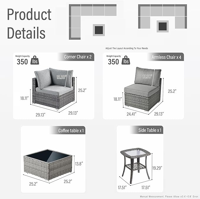 HOOOWOOO Patio Outdoor Sectional Furniture Sofa Set,7 Piece U Shaped Corner Wicker Rattan Couch Set,Rustic 6 Persons Summer Patio Conversation Set for Outside Porch Deck Garden(Charcoal Gray)