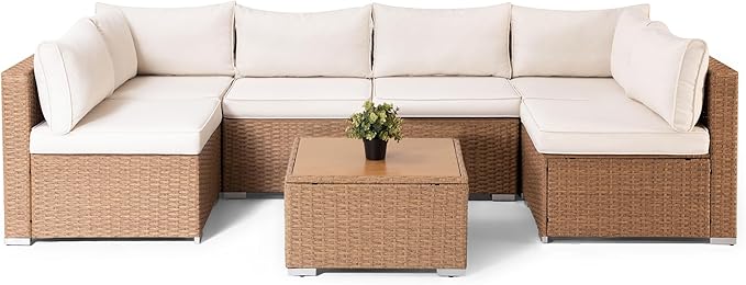 LAUSAINT HOME Outdoor Patio Furniture, 7 Piece Patio Furniture Set PE Rattan Sectional Conversation Sets with Thick Cushions & Wood-Like Coffee Table for Garden, Porch(Beige/Brown Wicker)