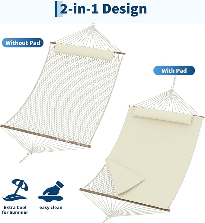 2 Person Outdoor Hammock with Stand, Cotton Rope Hammock with Polyester Pad, Adjustable Steel Frame, 2-in-1 Hammock for Patio, Backyard, Garden, Beach (Beige