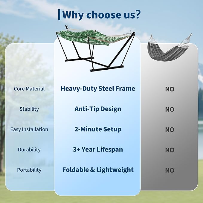 Double Hammock with Stand for Outdoor Use – 2-Person Portable Hammock with Curved Spreader Bar & Balance Ropes, Heavy Duty 450 LBS Capacity for Backyard, Patio & Camping, Green