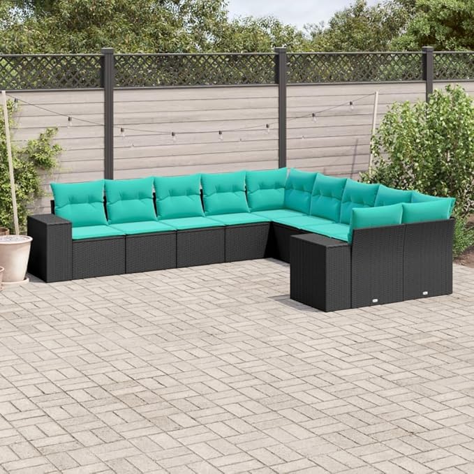 10 Piece Patio Sofa Set with Cushions, Patio Conversation Set Outdoor Sofa Sets Porch Furniture Set Garden Lounge Set for Piazza Negotiation Area Exhibition Poolside Black Poly Rattan
