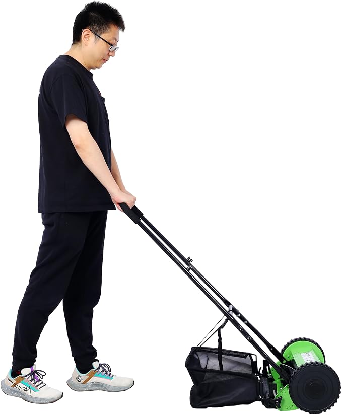 14-inch 5-Blade Push Reel Mower, Adjustable Cutting Height with Grass Catcher 5 Steel Blades Easy to Use for a Green Healthy Lawn,Suitable for Farms, Parks, Yards and Courts (Green)