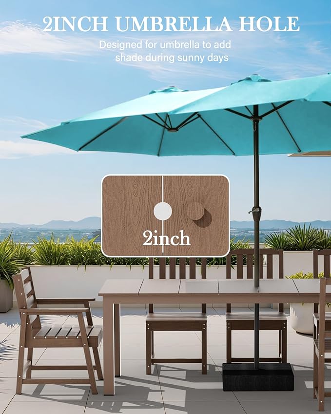 LOUNZY 9 Pieces Patio Dining Sets, Outdoor HDPE Furniture Set for 8 w/ 2" Hole Cut-Out Dining Table with 8 Patio Chairs(2 W/Armrest, 6 w/o Armrest), Brown