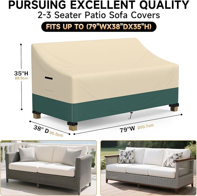 Patio Sofa Cover Waterproof | Outdoor Furniture 3-Seater Sofa Cover Protector with Handle & Air Vents | All-Weather Covers Fit 79"Lx38"Wx35"H Patio Couch / Sofa / Loveseat