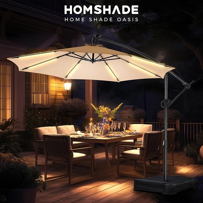 HOMSHADE 10 ft Offset Patio Umbrella with Solar Lights, LED Lighted Umbrella Outdoor Patio with Base Included, Heavy Duty Hanging Cantilever Umbrellas for Pool Deck with UV Protection&Easy Tilt, Beige