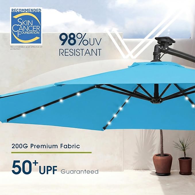 wikiwiki 10ft Solar LED Offset Patio Umbrella, Outdoor Cantilever Patio Umbrellas with Solor Lights for Backyard, Poolside and Garden, Easy Tilt Adjustment, 32 LED Lights & Polyester Shade, Sky Blue