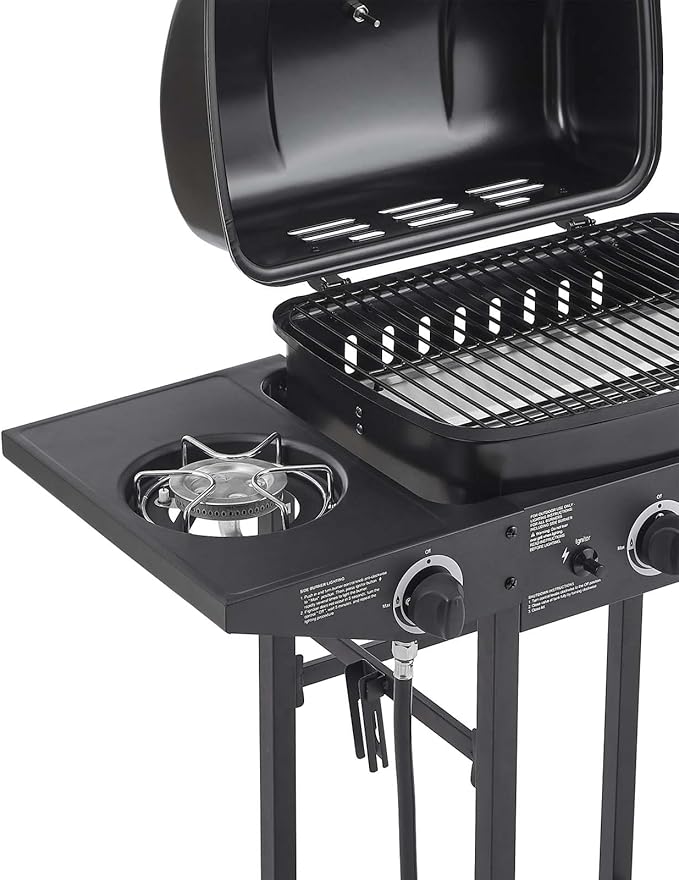 2-Burner Propane Gas BBQ Grill with Side Burner, 24,000 BTU Stainless Steel Barbecue Grill with Cast Iron Grates and Side Table for Outdoor Cooking Kitchen Patio