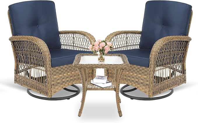 MEETWARM 3 Pieces Outdoor Wicker Swivel Rocker Patio Set, Rocking Chairs Rattan Patio Furniture Sets with Thickened Cushion and Glass-Top Coffee Table, Conversation Bistro Set for Porch (Navy Blue)