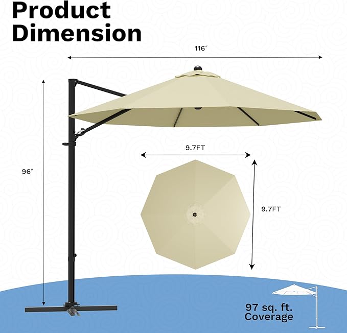 Devoko 10ft Cantilever Patio Umbrella, Round Large Outdoor Umbrella with 360-Degree Rotation, Hanging Offset Market Sun Umbrella, Easy Tilt and Heavy-Duty Frame, for Patio Backyard Garden, Beige