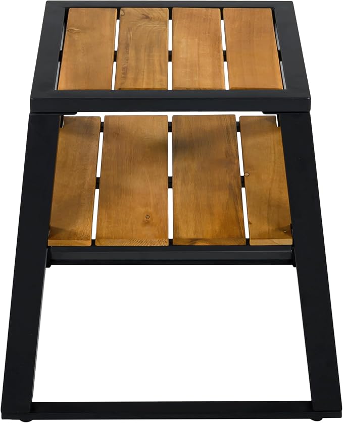 Christopher Knight Home Tova 2-Tier Acacia Wood Outdoor Side Table, Decorative Square Small Accent Table with Slatted Design, Weather Resistant Patio End Table with Iron Frame for Balcony, Teak+Black