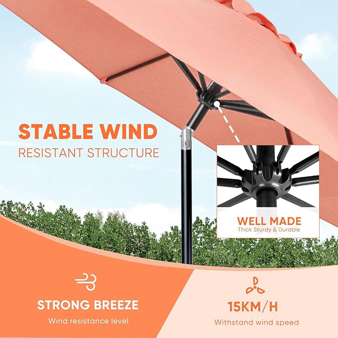 Tempera Patio Market Outdoor Table Umbrella with Push Button Tilt and Crank, Large Sun Umbrella with Sturdy Pole & Fade Resistant Canopy, Easy to Set