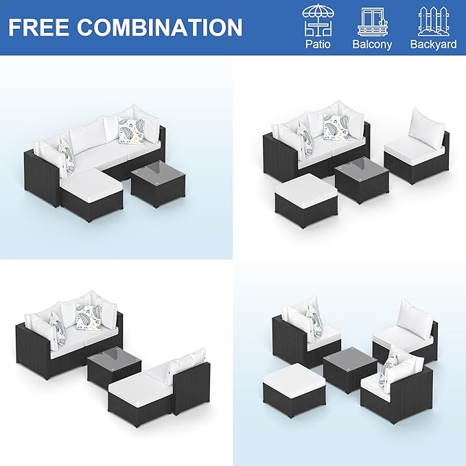 Patio Furniture Set, 5PCS Outdoor Sectional with Ottoman Wicker Rattan Patio Couch with Thickened Cushion Modular Wicker Patio Conversation Set with Glass Top Table for Balcony, Backyard (White)